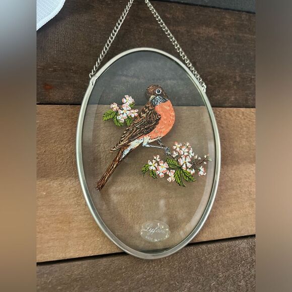 Vintage Bird Lyford Robin Sun Catcher Beveled Glass Window Hanging Floral Design - Picture 3 of 8